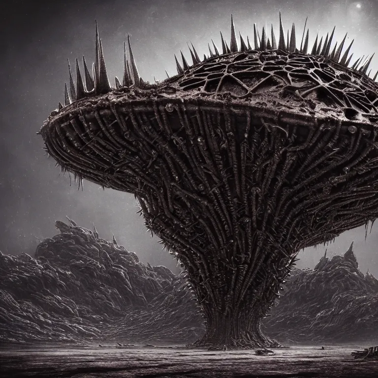 Image similar to ribbed surreal giant abandoned alien structure, spaceship on exoplanet, covered in with spikes, in a desolate empty wasteland, creepy, nightmare, dream-like heavy atmosphere, surreal abandoned buildings, beautiful detailed intricate insanely detailed octane render trending on Artstation, 8K artistic photography, photorealistic, chiaroscuro, Raphael, Caravaggio, Beksinski, Giger