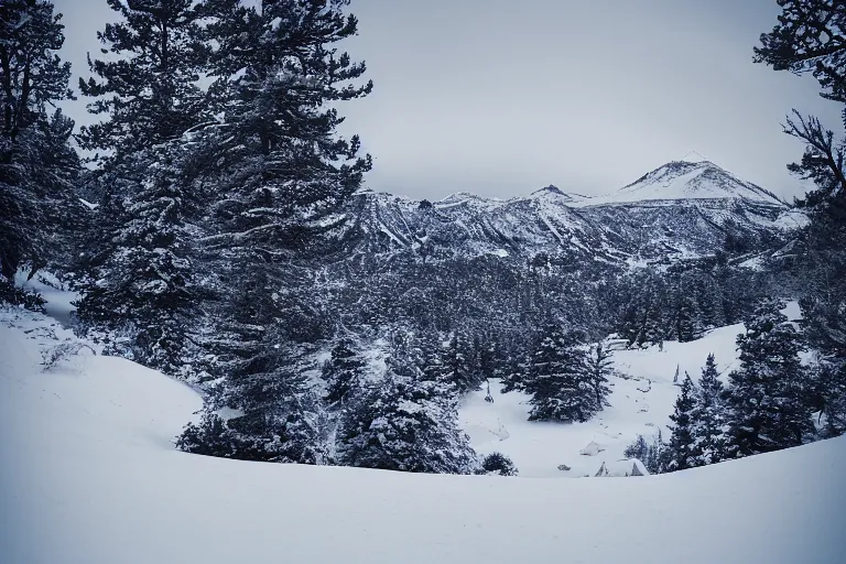 Prompt: landscape in snowy mountain by benjamin hardman