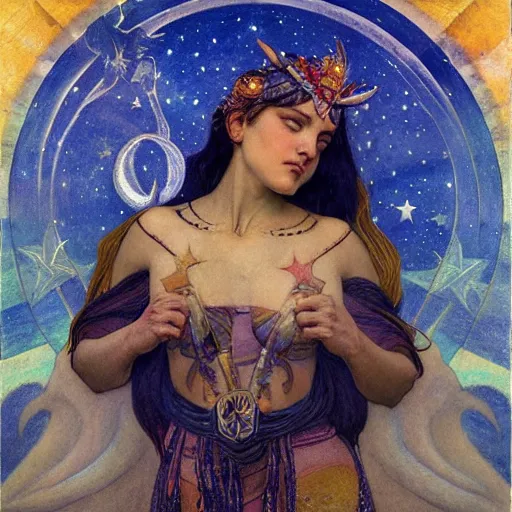 Prompt: queen of the moon with stars in her hair, by annie swynnerton and tino rodriguez and nicholas roerich and jean delville and donato giancola and diego rivera, dramatic lighting, god rays, geometric tattoos, rich colors, smooth sharp focus, extremely detailed, adolf wolfli