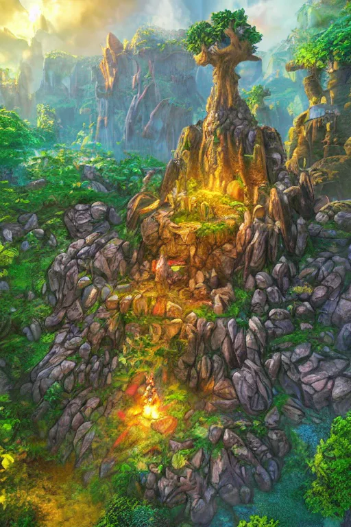 Image similar to zelda fantasy art giant golem troll wood rock greeble gemstone enchanted forest, global illumination ray tracing hdr fanart arstation by sung choi and eric pfeiffer and gabriel garza and casper konefal bastion forged hardmesh lisa frank zbrush central radiating a glowing aura global illumination ray tracing hdr