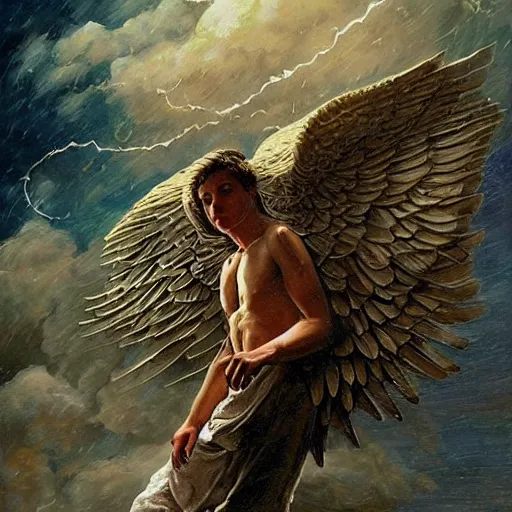 Image similar to a fourteen year old boy with and enormous mechanical bird wing strapped to his back, standing on the back of a boat in a storm, his arms spread. ready to fly, icarus, winged boy, rain, clouds, waves, splash, painting by karol bak