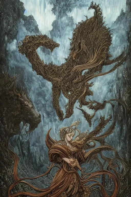 Image similar to rebecca guay ’ s painting of an ephemeral colossal mythical beast in an enchanted dreamlike otherworldly biome, in the style of demon slayer mugen train, mystical, wicca, fantasy, hyper realism, intricate, digital art, detailed, studio shot, unreal engine 5, octane, high definition, smooth, artstation, behance