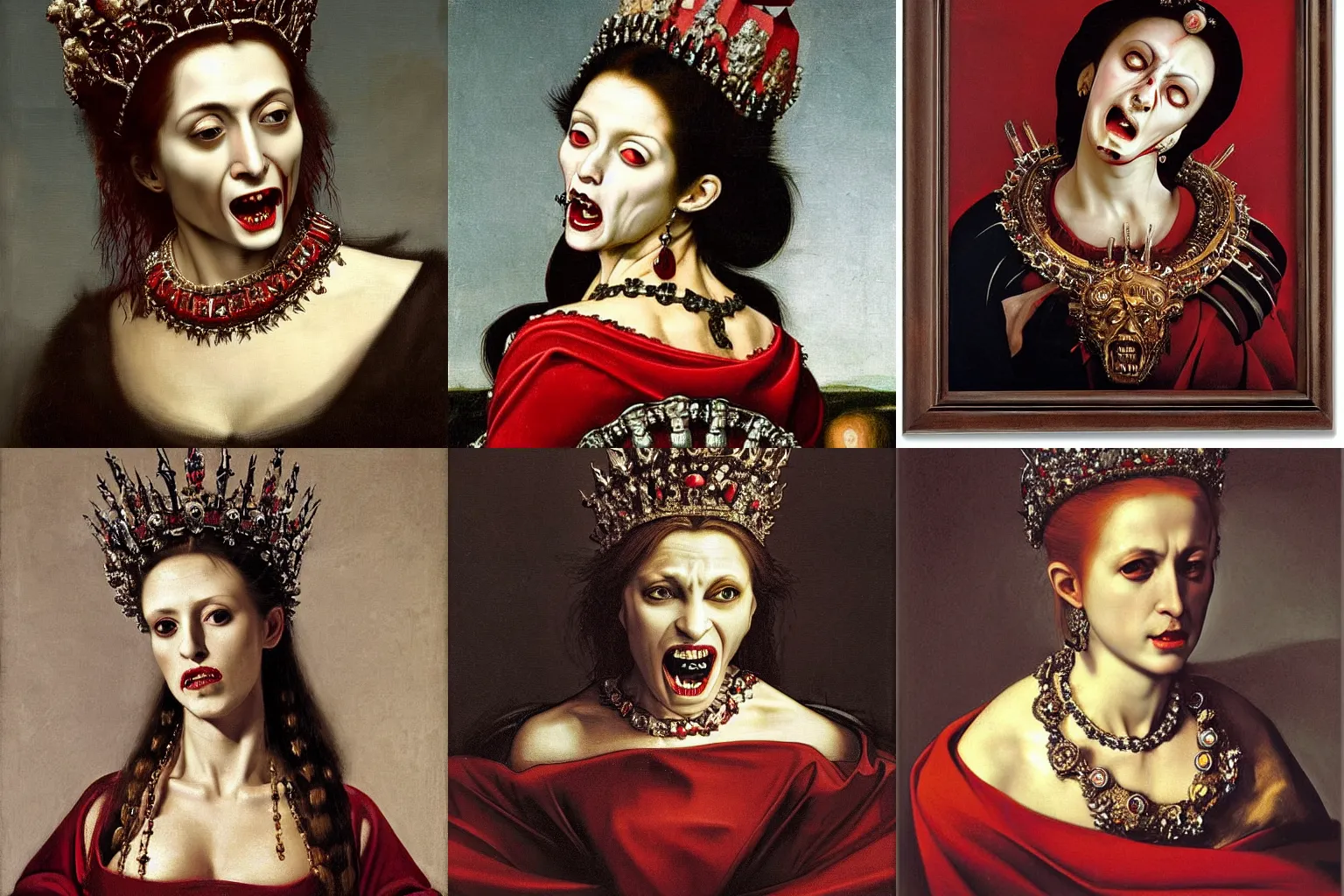 Prompt: A extremely highly detailed majestic hi-res beautiful immaculate head and shoulders painting of a angry, bloody vampire woman with fangs, filled with hatred and rage, crying tears of red blood wearing a long royal red silk dress, the crown jewels is on her head and around her neck is a ornate golden necklace decorated with diamonds and rupees smiling by Michelangelo Merisi da Caravaggio, high detail, hyperrealistic, photorealistic, octante render, cinematic, high textures, royaltly, royal, hyper sharp, 4k insanely detailed and intricate, hypermaximalist, 8k, hyper realistic, super detailed, 4k HDR hyper realistic high,