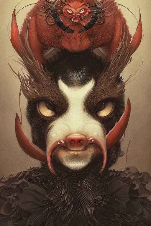 Image similar to a portrait of a the great japanese devil animal illustrated by miyazaki by karol bak, james jean, tom bagshaw, rococo, sharp focus, trending on artstation, cinematic lighting, hyper realism, octane render, 8 k, hyper detailed, vivid, ultra detailed, highly detailed