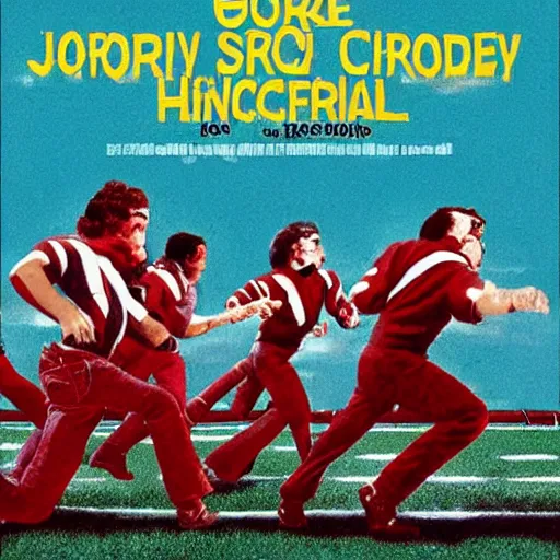 Prompt: Horror movie poster with a group of jocks running down a football field from cheerleaders, Graham Humphreys, horror movie poster