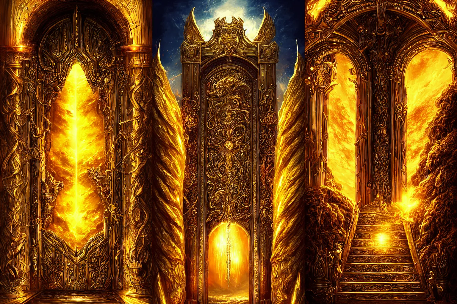 Prompt: The gate to the eternal kingdom of golds, fantasy, digital art, HD, detailed.