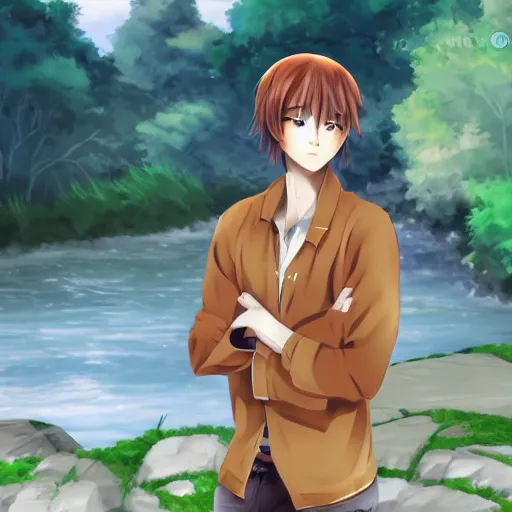 cute anime boy standing by a large river, digital art | Stable Diffusion |  OpenArt