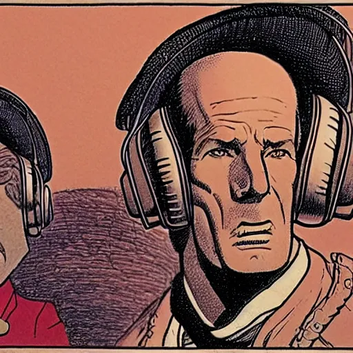 Image similar to drawn in the style of jean giraud!! moebius!! rackham the red wearing headphones and speaking into big microphone, podcast studio