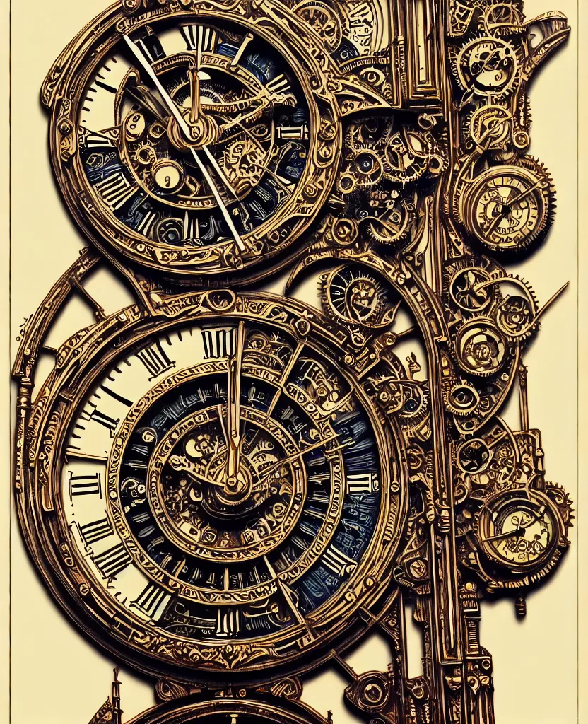 Image similar to ornate steampunk grandfather clock, high details, intricately detailed, by vincent di fate, inking, lineart, 3 color screen print, masterpiece, trending on artstation,, sharp, details, hyper - detailed, hd, 4 k, 8 k