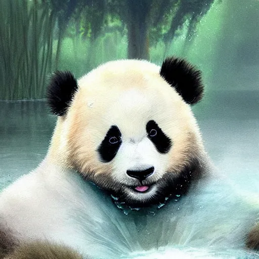 Image similar to Epic portrait an fluffy cute panda playing with water near a green river, nature, digital painting, artstation, concept art, soft light, hdri, smooth, sharp focus, illustration, fantasy, intricate, elegant, highly detailed, D&D, matte painting, in the style of Greg Rutkowski and Alphonse Mucha and artemisia, 8k, highly detailed, jurgens, rutkowski, bouguereau, pastoral, rustic, georgic, detailed concept art, illustration, colorful pastel, painting, detail, ultra detailed, digital art, 4K,