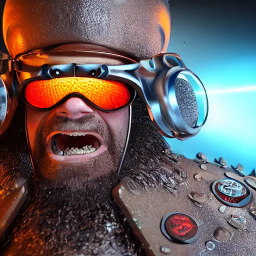 Image similar to highly detailed octane render of a close up portrait of an ugly man with a beard wearing goggles and armour and screaming in a cave whilst shooting a grenade launcher at a giant insect