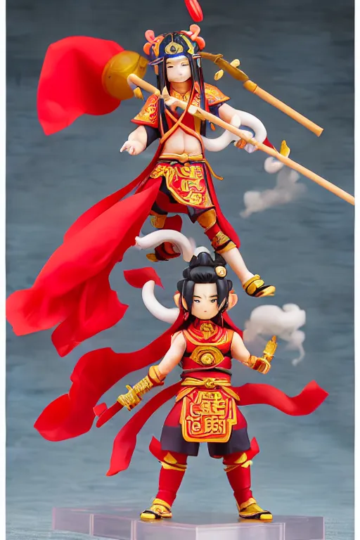 Image similar to arty chinese mythology ne zha nendoroid full body hyperdetalied, hero action pose, osamu tezuka, macoto takahashi, chibi, q posket, 8 k realistic, 3 d, cryengine, exquisite, red cloth around his shoulders, hold spear, ne zha ( 2 0 1 9 ), fenghua zhong,