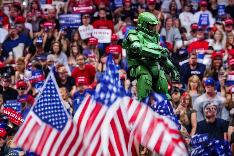 Image similar to diorama effect photo of master chief at a trump rally