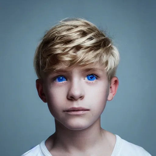 Prompt: a closeup portrait of a boy with blonde hair and light blue eyes. Extremely clear and high quality eyes with reflection, realistic face and details, clear lips and high quality