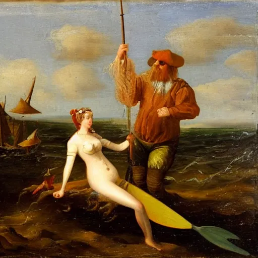 Image similar to a fisherman harpoons a mermaid, dutch golden age oil painting masterpiece