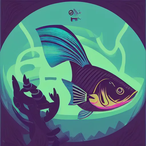 Image similar to profile of one stylized fish in center of view, photo studio, artstation, intricate, realistic, highly detailed, digital painting, concept art, sharp focus, illustration by tom whalen and charles williams and kilian eng and james jean