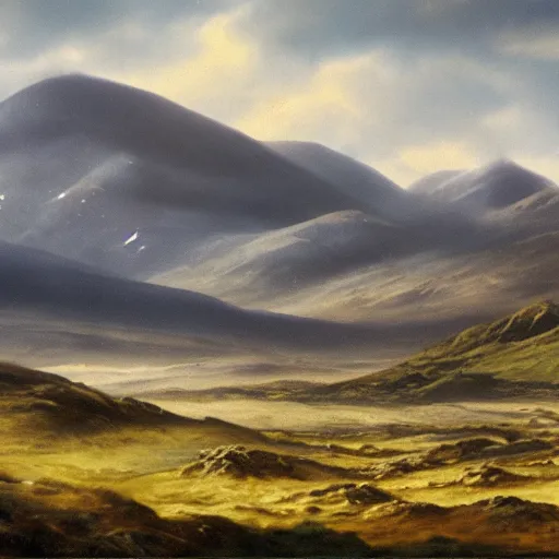 Image similar to matte painting of the mountains of mourne in ireland