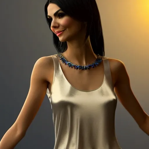 Image similar to photorealistic 3D render of Victoria Justice dressed in a silk tank-top while she thinks a memory she thought she had but the memory was from the mind of the King of razor blades, Pinterest filter, complex detail added after taking the film still at 16K resolution, amazingly epic visuals, epically luminous image, amazing lighting effect, image looks gorgeously crisp as far as it's visual fidelity goes, absolutely outstanding image, perfect film clarity, amazing film quality, iridescent image lighting, mega-beautiful pencil shadowing, 16k upscaled image, soft image shading, crisp image texture, intensely beautiful image, large format picture, it's a great portrait of the highest quality, great Pinterest photo, Vogue portrait is masterfully lit, intricate, elegant, highly detailed, smooth, sharp focus, award-winning, masterpiece, in the style of Tom Bagshaw, Cedric Peyravernay, Peter Mohrbacher