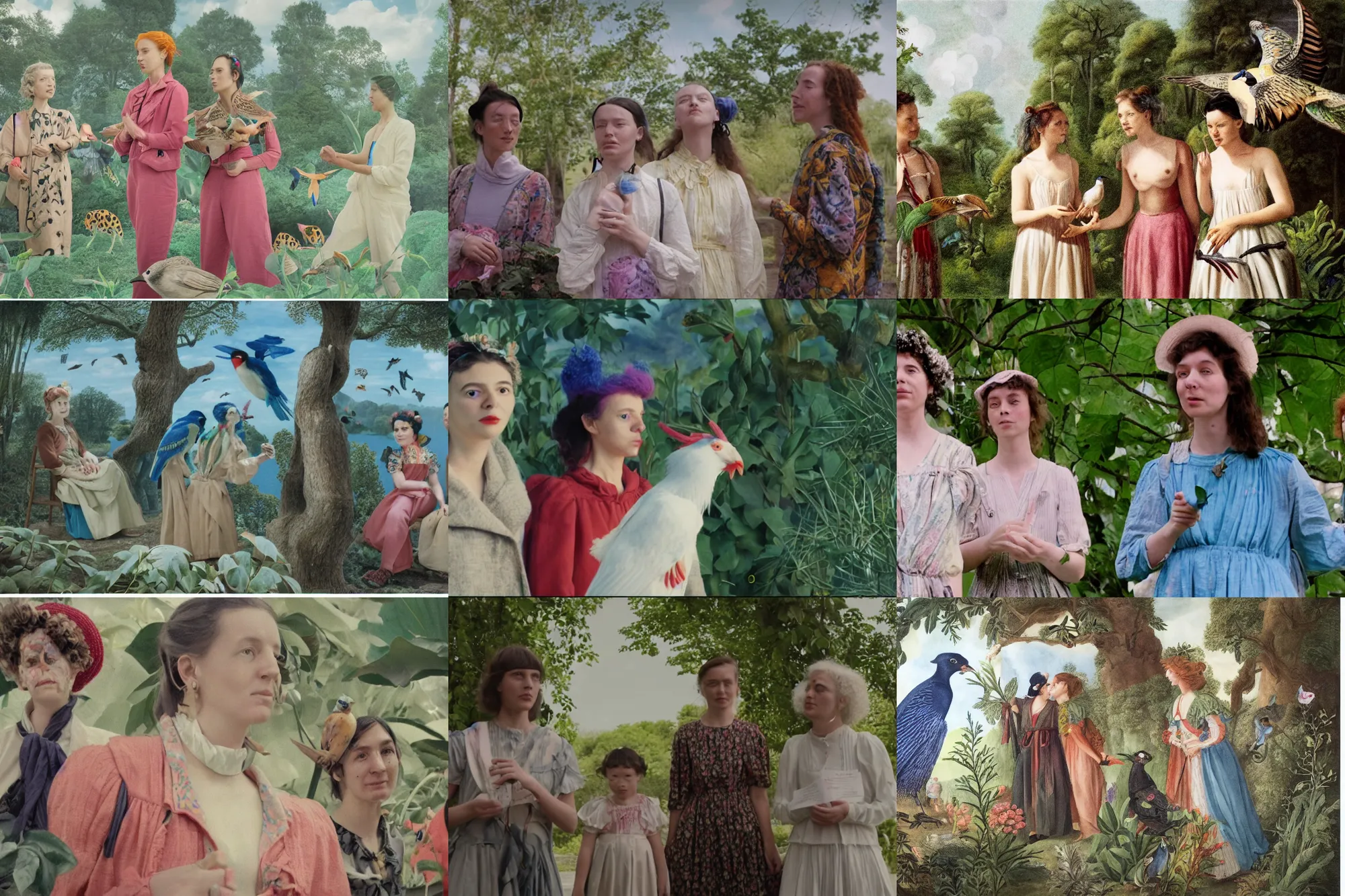 Prompt: non binary future world, sustainable cities in a harmonious coexistence, lou, noa & plume are studying the birds language, 1 6 mm portrait by maria sibylla merian, derek jarman, barbara hammer 4 k, 8 k, perfect faces