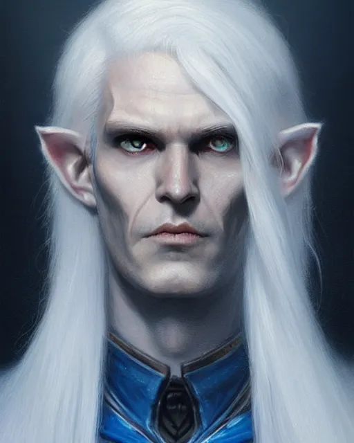 Prompt: character portrait of a slender half elven man with white hair, piercing blue eyes, and pale bluish skin, by greg rutkowski, mark brookes, jim burns, tom bagshaw, trending on artstation