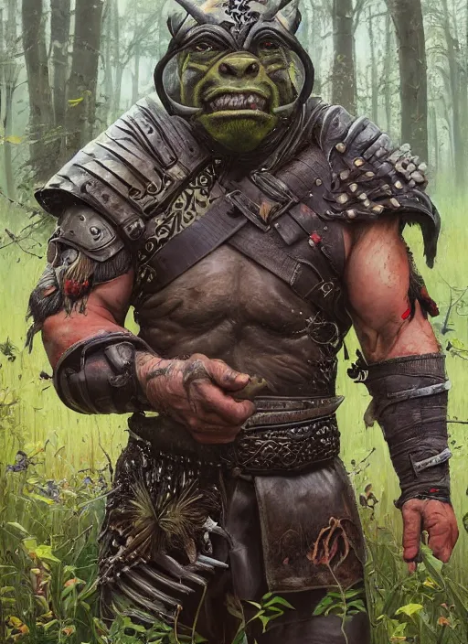 Prompt: a portrait painting of an elder male orc fighter in leather armour on a beautiful lush forest meadow, morning, art by Tristan Eaton, Stanley Artgerm, Tom Bagshaw, Greg Rutkowski, Carne Griffiths