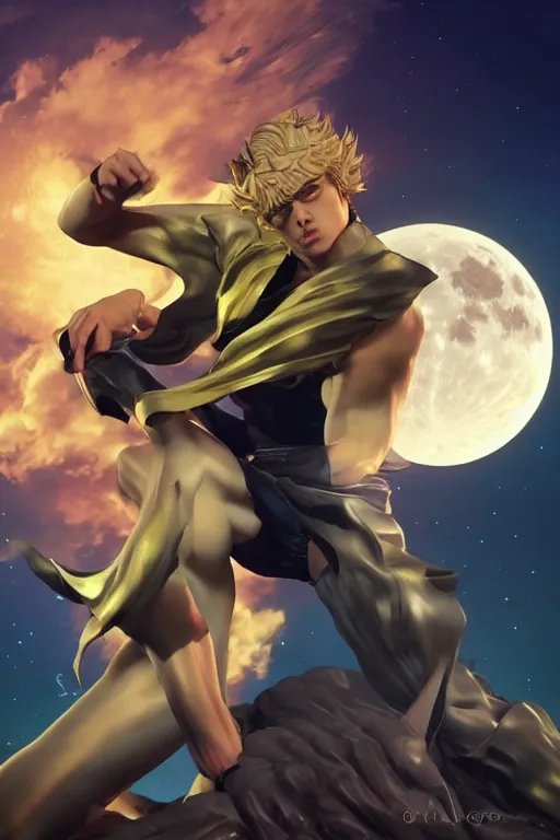 Dio Brando posing dramatically with a full moon behind, Stable Diffusion