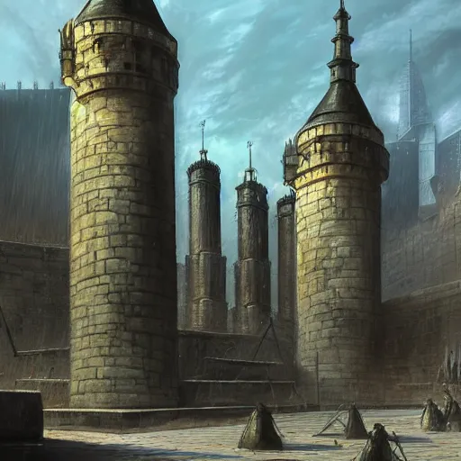 Prompt: “The plaza around the base of the tower was very large and spacious. The tower was made of solid black metal and stone. The plaza was patrolled by large mechanized guards. Anime background artwork by Marc Simonetti, artwork by Ted Nasmith, Ted Nasmith and Marc Simonetti, 8K, D&D concept art, D&D wallpaper”