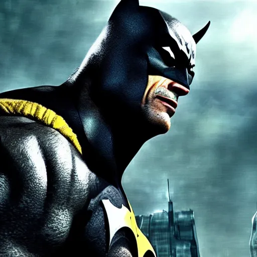 Image similar to Dwayne Johnson as batman Arkham, cinematic, epic , dramatic