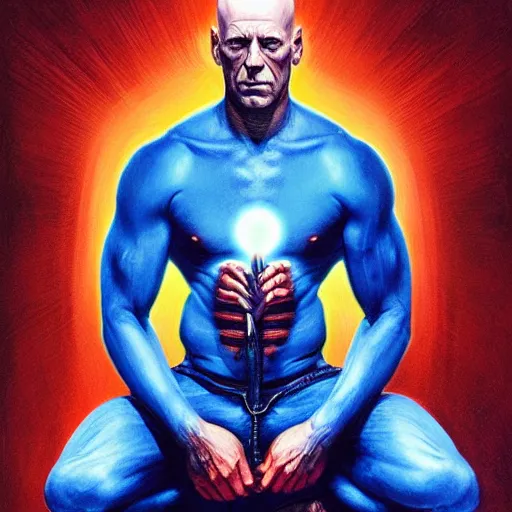 Prompt: ripped physique shaman chakra telekinesis red artificer Bruce Willis wearing crimson sweatshirt brandishes a blue atomic orb meditation kent monkman elina brotherus jen bartel jim lambie greg rutkowski rothko tombow