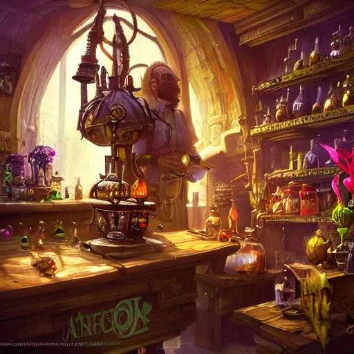 Image similar to a beautiful stunning interesting photorealistic digital magic the gathering world of warcraft fantasy illustration of a corgi wearing steampunk safety goggles and a white apron while mixing potions, in a potion shoppe, colorful bottles and plants, awesome and moody, by marc simonetti