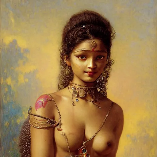 Image similar to detailed potrait 8 0 s srilankan girl with tatoos and cat woman mask in baroque painting, girl graceful,, painting by gaston bussiere, craig mullins, j. c. leyendecker, lights, art by ernst haeckel, john william godward, hammershøi,,