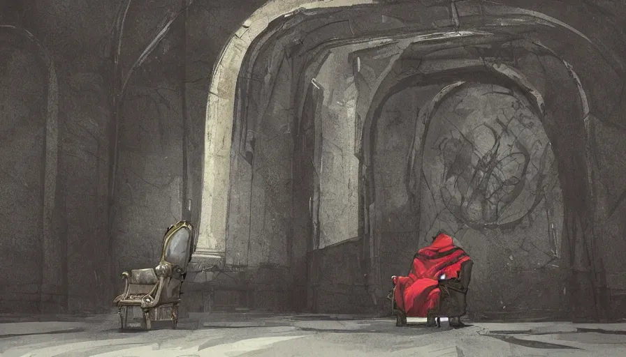 Prompt: A Big Enigmatic Hooded Being sits on his throne, low angle shot, concept art, denis villeneuve