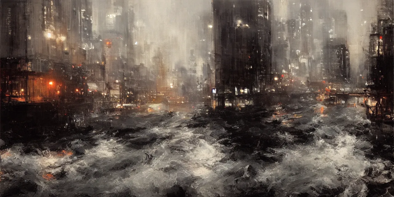 Image similar to street level view of turbulent river rapids rushing through a city at night , by Jeremy Mann