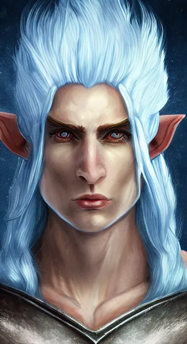 Image similar to the prince of frost standing alone in his court, single person, archfey, upper - body portrait, fantasy, white hair, blue skin, wild eyebrows, young adult, elf, crown, hard edges, soft lighting, professional lighting, trending on artstation