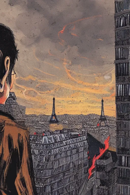 Image similar to in the foreground Paris, in the background a dark-haired man from behind playing with black flames coming out of his hands wearing a long matrix-style jacket, realistic, high definition, many details, dramatic scene, symmetrical face, realistic eyes, art of enki bilal