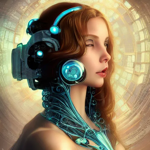 Prompt: front pose, stunning beautiful young girl alluring biomech - cyberpunk model with porcelain skin, rim light, headdress of liquid dark energy, ultra - fine detail, deep space, art nouveau futuristic background, heavily detailed, spherical mesh wire, digital art by artgerm, mucha, loish, wlop, kilian eng, artstation