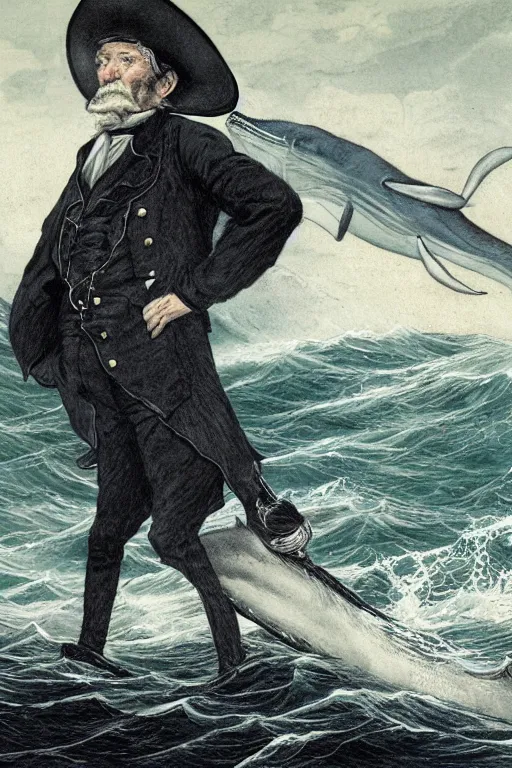 Prompt: Captain Ahab, melancholy, stormy sea, whaling, 1851, art by Glenn Fabry