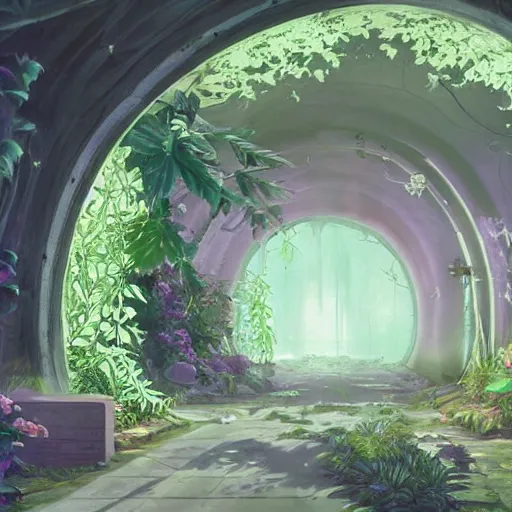 Prompt: paradise at at the end of the tunnel with a cross as the light shining into the tunnel, with pale purple and pale pink lighting, cute, aesthetic, anime, with a few vines and overgrowth, studio ghibli, cinematic, painting, high definition, digital art, symmetrical, very detailed, extremely high detail, photo realistic, concept art, unreal engine 5,