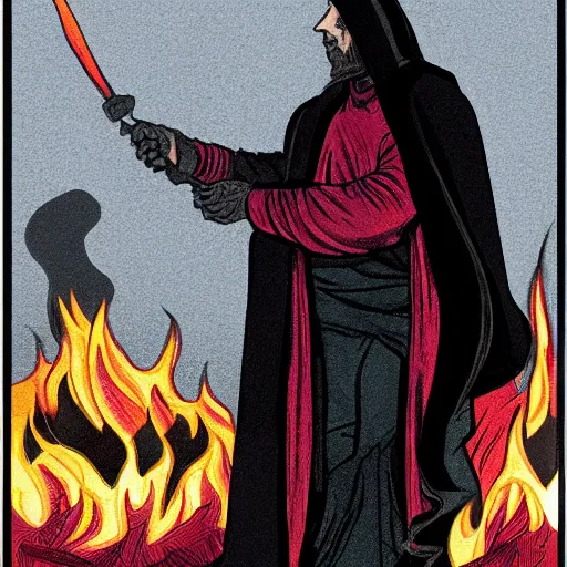 Image similar to full page detailed colored illustration of shadowy man in a dark cloak in front of fire