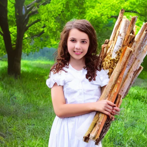 Image similar to a middle-school girl with unkempt wavy short brown hair wearing a white dress and holding a bundle of firewood, high resolution film still, 8k, HDR color