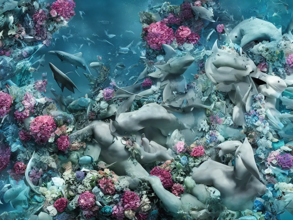 Image similar to a sculpture of ocean shark intertwined, a lovely cornucopia of flowers and human body parts, highly detailed, octane render, cinematic, shock