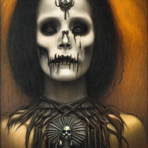 Prompt: a portrait of a mysterious death goddess with black eyes and a skull necklace, moody, dark, deep shadows, creepy, muted colors, highly detailed, intricate artwork, beautiful oil painting by Jean Delville