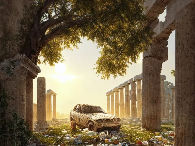 Image similar to tree growing in ancient greek ruins, gray wasteland, many scrap cars, plastic waste, rubble, pillars, flowers, vines, hyperrealistic, highly detailed, cinematic, single ray of golden sunlight, beautiful, cgssociety, artstation, 8 k, oil painting by greg rutkowski, by artgerm, by wlop