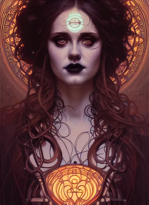 Image similar to portrait of the artis adele glowing eyes, volumetric lights, feast, music notes, art nouveau botanicals, gothic, intricate, highly detailed, digital painting, artstation, concept art, smooth, sharp focus, symmetric face, illustration, steampunk, art by artgerm and greg rutkowski and alphonse mucha