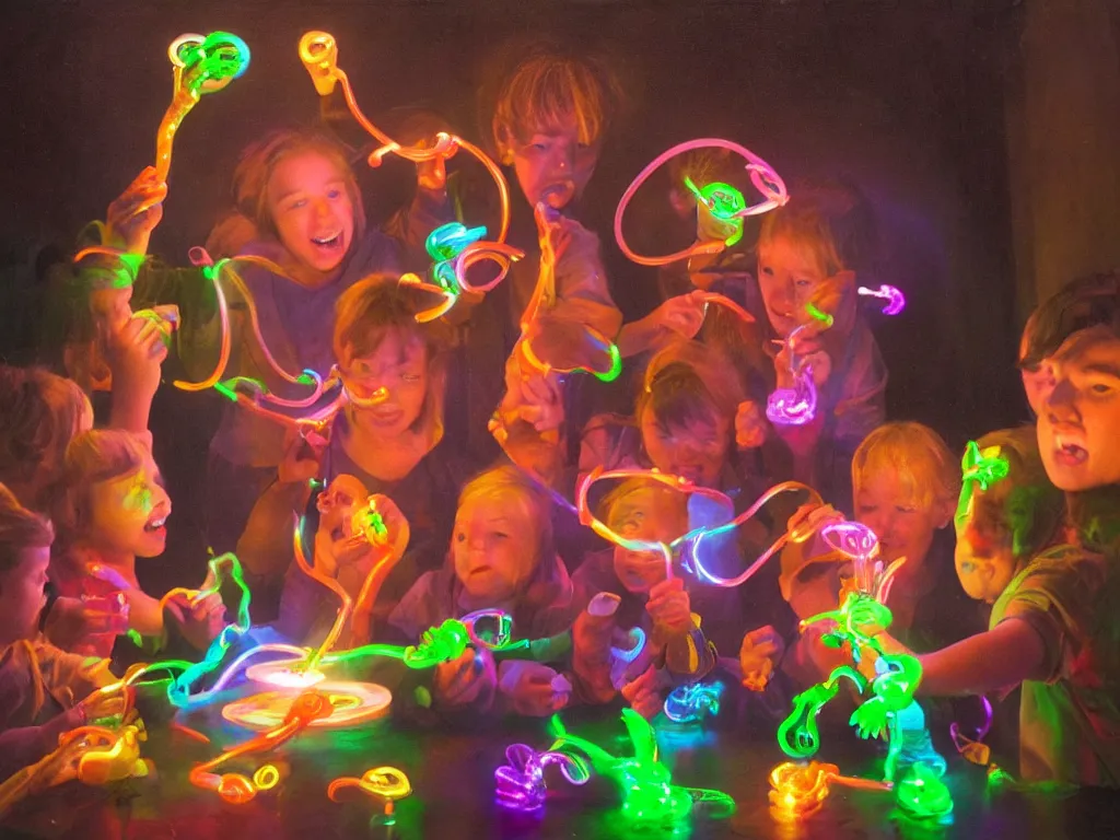 Prompt: a hyperrealistic portrait of children opening a bottle of glowing worms and drinking fluorescent liquid , 8k