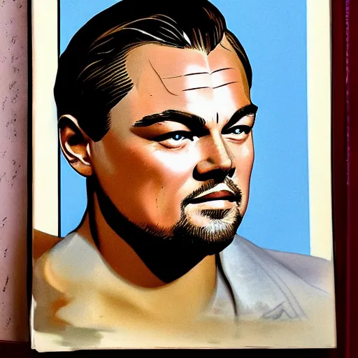 Prompt: representation of a Leonardo DiCaprio in the year 1940 illustrated by Hugh Joseph Ward