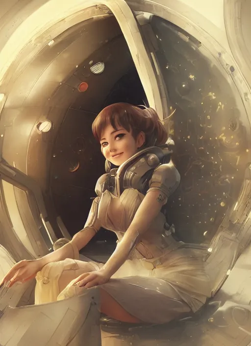 Prompt: woman sitting on a spaceship window, beautiful detailed dress, highly detailed face, smiling, by artgerm, by wlop, by greg rutkowski, anime style, octane render