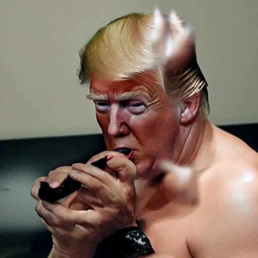 Image similar to donald trump, sweaty and no shirt, eating poop from a toilet