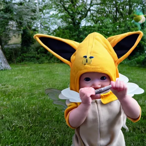 Prompt: baby yoda in a bee costume with antennae and wings flying in epic action pose, 8k selfie photograph