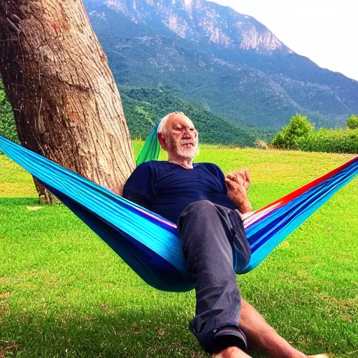 Prompt: my older italian wise friend on a hammock, reading new book, gravity is strong, he is very relaxed, mountains in a background